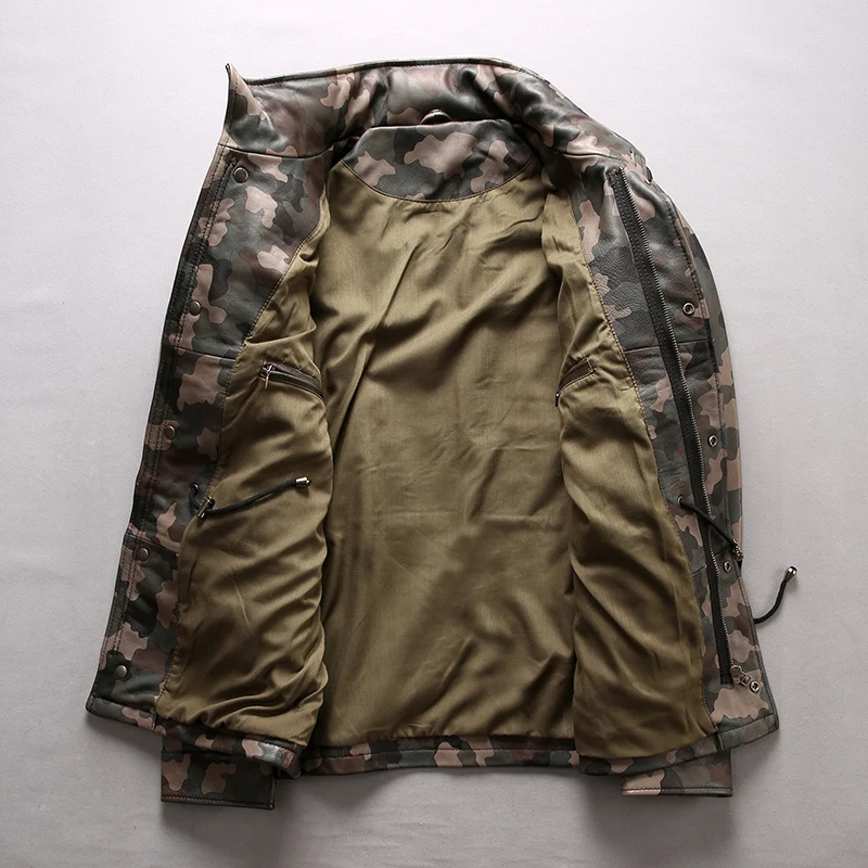 

Mens Stand Collar Slim Sheepskin Jacket Designer Camouflage Military Army Short Coat Fashion Multi Pockets Streetwear Outwear