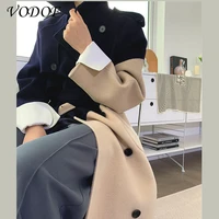 vodof korean style loose long womens jacket double breasted waistcoat womens autumn and winter jacket stitching color