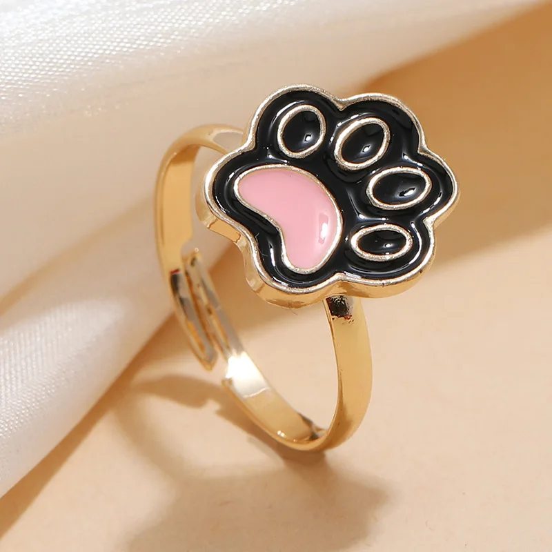 

Fashionable Cute Sweet Dripping Oil Ring Simple Alloy Animal Cartoon Cat's Paw Adjustable Ring for Women Gifts Gold Punk Party