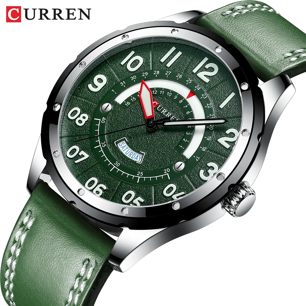 

CURREN Casual Business Leather Strap Watch for Men Luxury Brand Military Green Clock Men Quartz Wristwatch Male Calendar Watch