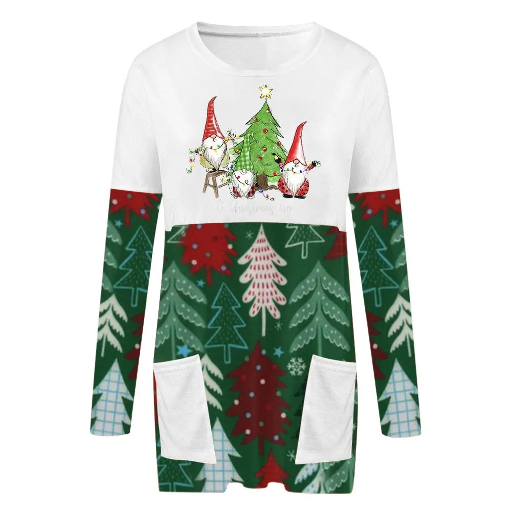 

Christmas Women Sweatshirt Color Matching Pullover Xmas Tree Tops Long Sleeve Hoodies Sweatshirts with Pocket Plus Size A30