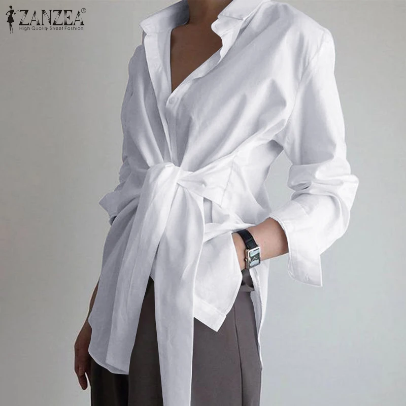 

ZANZEA Elegant Lapel Neck Long Sleeve Blouse Fashion Autumn OL Shirt Women Casual Asymmetric Tops Tunic Lace Up Blusas Femininas