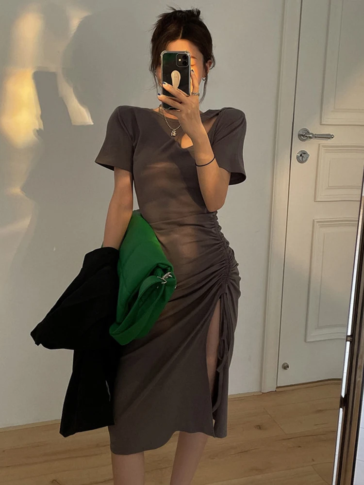 

Summer Hollow Out fold leisure split Sexy dress elder sister light wind O-Neck Asymmetrical Belt Pullover Solid Dress woman