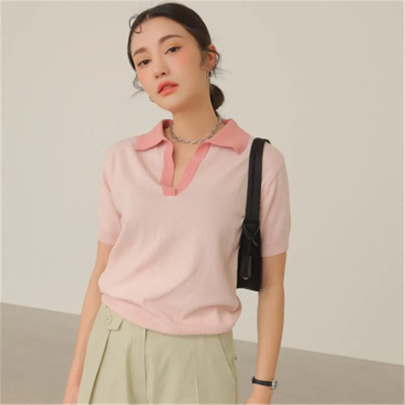 

2020 New Arrivals Korean Chic Camiseta Femme V-neck Short Sleeve Tunic Sweet Gril Knitted Tee