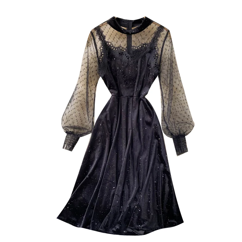 

Lady New Fashion Round Neck Perspective Mesh Long Sleeve A-line Dress 2020 Women Autumn and Winter Retro Velvet Vestidos J93