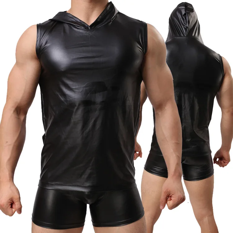 

New Sexy PU Faux Leather T-Shirts Hooded Cool Men Tight Shirts Leather Slim Shirt High Quality