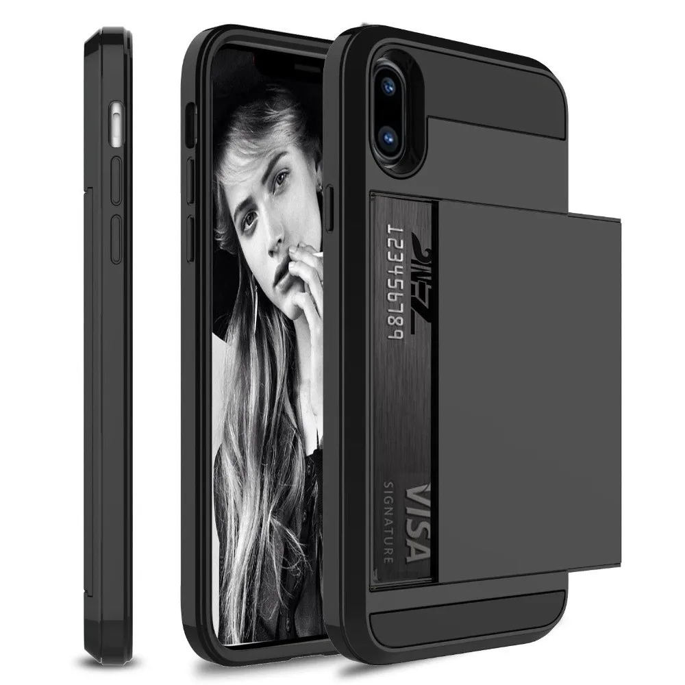 Black Гибридный защитный чехол для iPhone 8, 7, 6, 6S Plus, кошелек, чехол держатель для карт, противоударный резиновый бампер, чехол для iPhone X, 10, 6, 6 S, чехол - Цвет: Black
