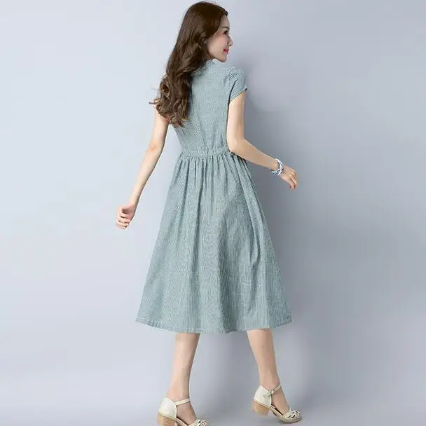 Женское платье в полоску из хлопка и льна большого размера винтажное для девочек