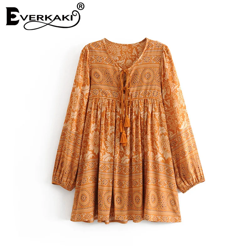 Женское Короткое платье Everkaki винтажное мини с кисточками и завязками на шее