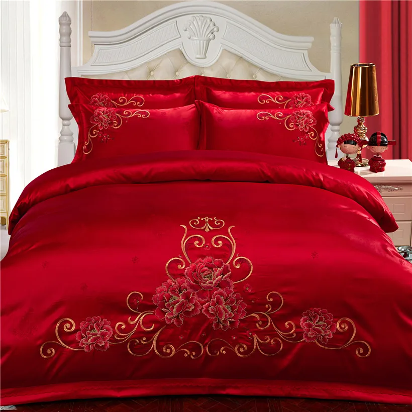 

Oriental Embroidery Silver 100% Cotton Silky Bedding sets Queen King Red Wedding Duvet cover Bed sheet/linen set Pillowcases
