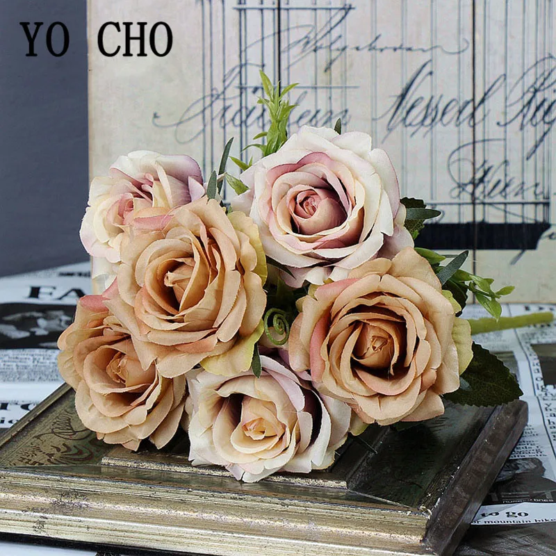 

YO CHO 6 Heads Artificial Flowers Silk Rose for Wedding Party Birthday Decoration Silk Rose Faux DIY Decorative Flowers Bouquet