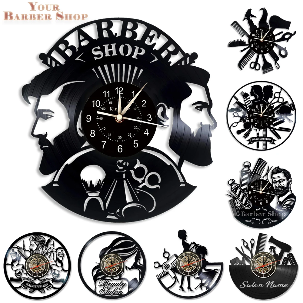 

Barber Shop Vinyl Record Wall Clock 12-Inch LED Clock | Customized YourSalon Shop Name|Hanging Wall Watch for Barber Hair Salon.