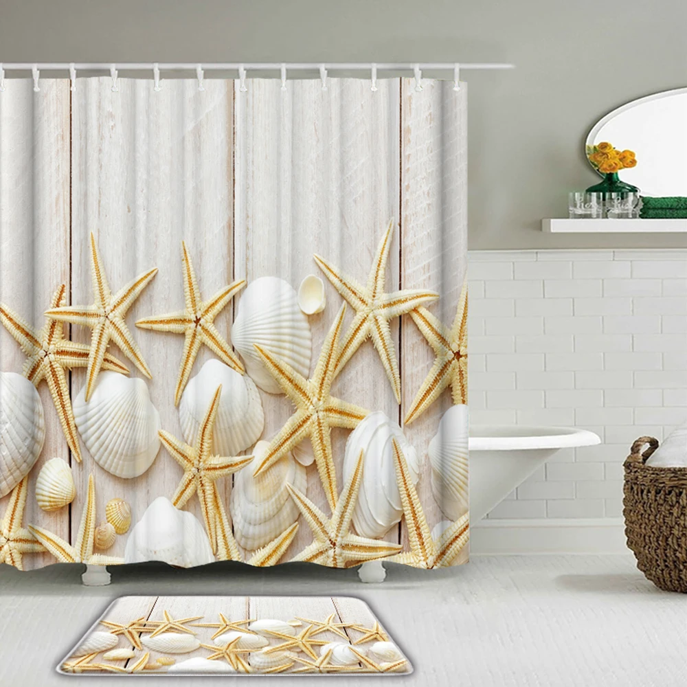 

3D Printing Beach Landscape Starfish Shell Pattern Shower Curtain Waterproof Bathroom Decoration Home Furnishing