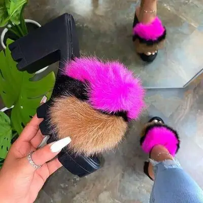 

comemore 2021 Women Furry Sandals Ladies Shoes Cute Plush Fluffy Sandals thick bottom Faux Fur Outdoor Slippers Warm Homewear