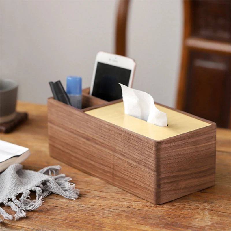 Black Walnut Wood Napkin Box Brass Cover Tray Tissue Retro Classic Multi-Function Storage Home Decor High-End |