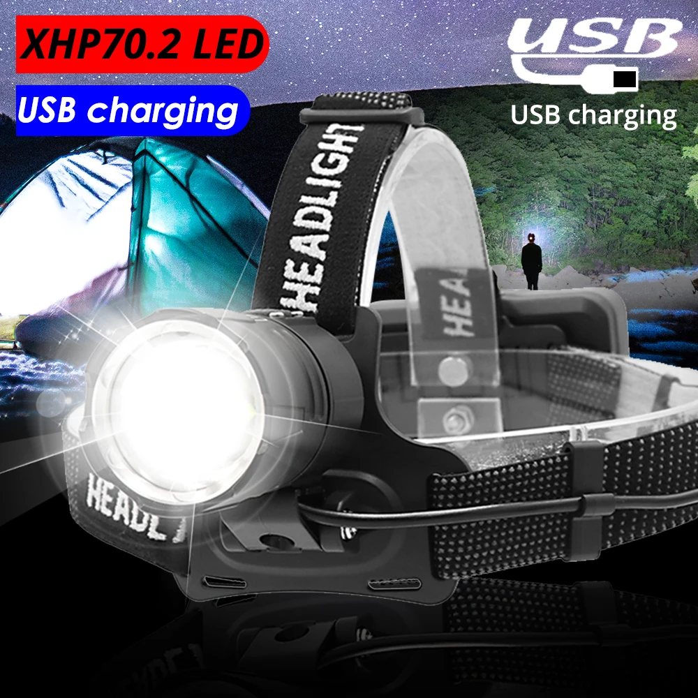 Светодиодный налобный фонарь XHP70.2 для рыбалки сверхмощный масштабируемый