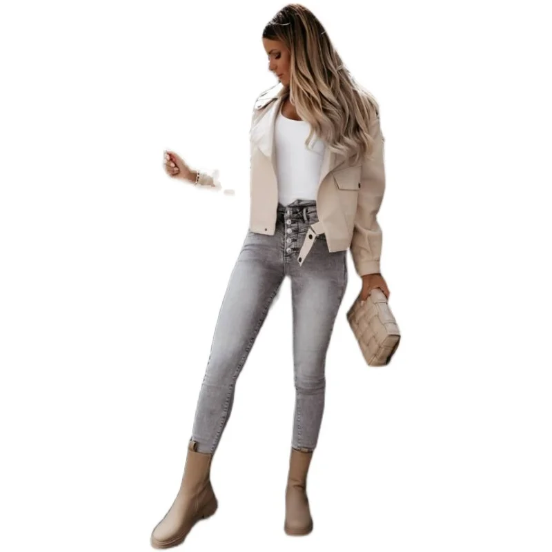 Spring Autumn New Female Casual Outwear Black Beige Ladies Solid with Belt Zipper Biker Coat Women Slim Handsome Jacket