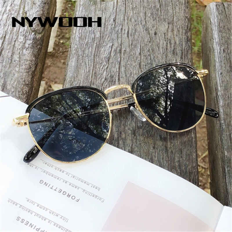 

NYWOOH Metal Round Sunglasses Women Men Brand Designer Half Frame Vintage Sun Glasses Travel UV Protection Goggles