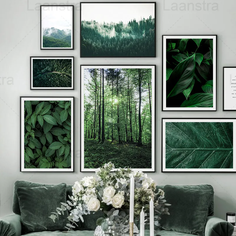 

Water Drops On Green Leaves Home Decoration Painting Light Through The Woods Living Room Wall Canvas Posters Mountain Prints