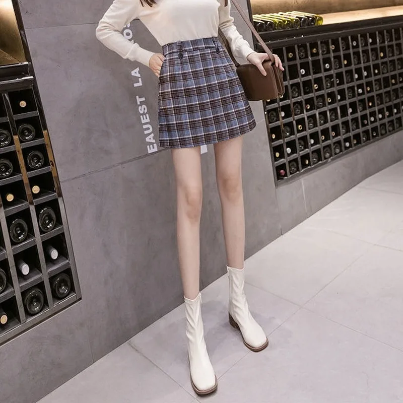 

2021 Spring Autumn New Women Fashion Retro Chic Elegant Plaid Skirt High Waist Slim All-match Mini Bag Hip A-Line Skirts Y662