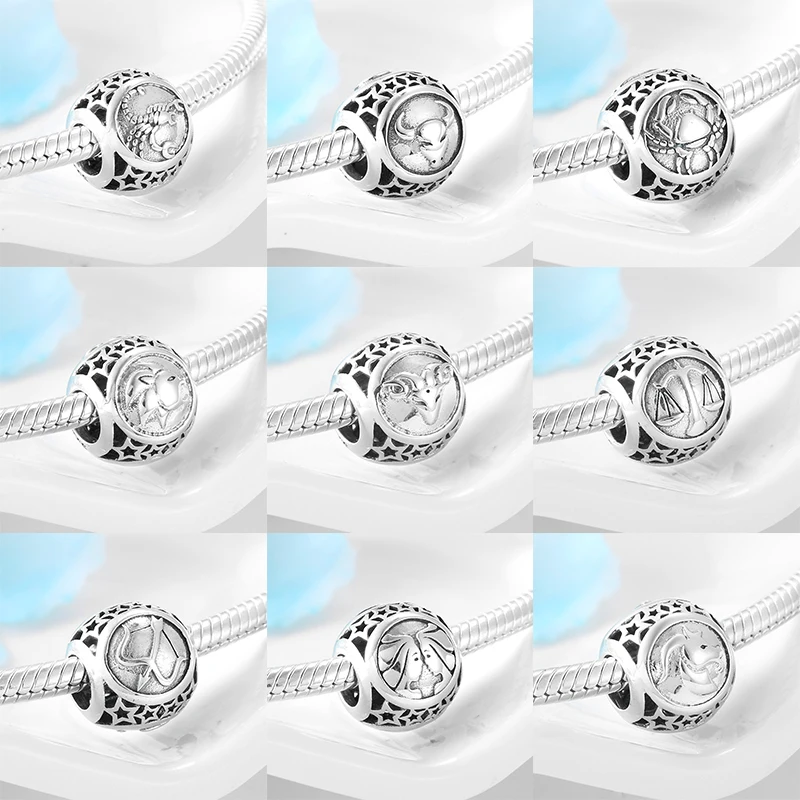 

Серебро 925 Мода 12 Созвездие зодиака металлические бусины для изготовления ювелирных изделий подходят оригинальные серебряные женские очар...