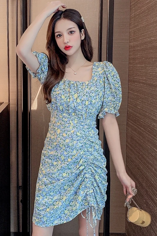 

COIGARSAM Floral Print Women dress Square Collar High Waist Dresses Blue Yellow 5199