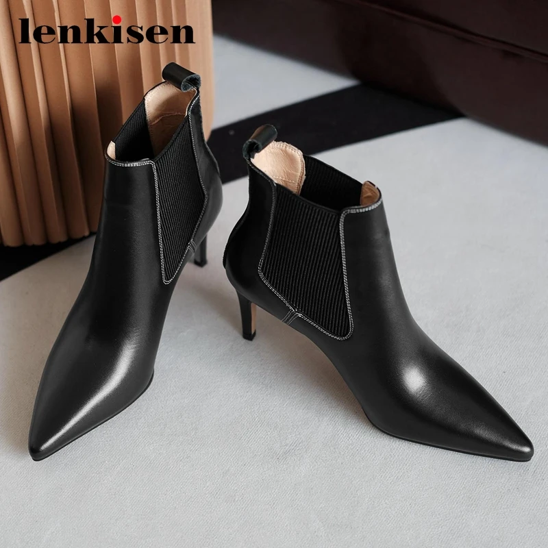 

Lenkisen new arrival stretch boots real leather thin high heel pointed toe slip on office lady daily wear mature ankle boots L26