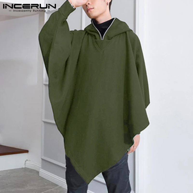 

INCERUN Мужская накидка с капюшоном Свободные Лоскутные Асимметричные толстовки с длинным рукавом Уличная одежда 2021 повседневные мужские Дли...
