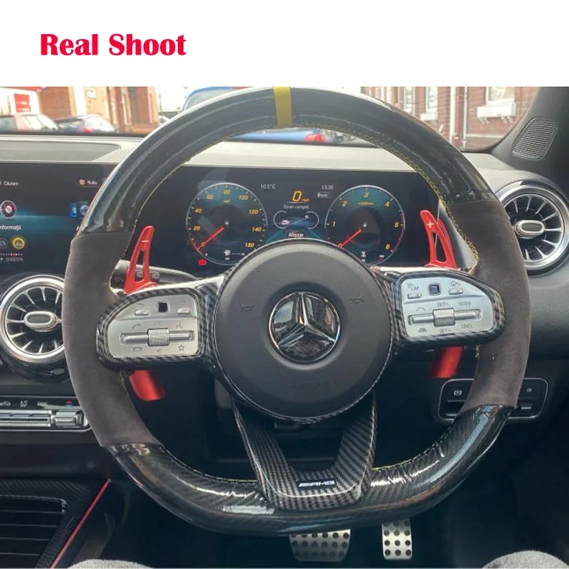 

5D Carbon Fiber&Suede Leather Yellow Marker Steering Wheel Hand Sewing Wrap Cover Fit For Mercedes-Benz A-Class W177 -2019