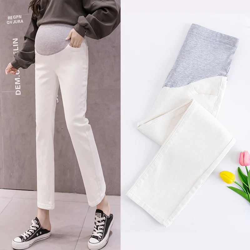 

8941# 2021 Autumn Korean Fashion Stretch Denim Maternity Jeans 9/10 Elastic Waist Belly Pencil Pants for Pregnant Women Casual