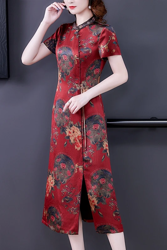 

COIGARSAM 4XL Plus Size Cheongsam Women dress New Spring Dresses Red 1809