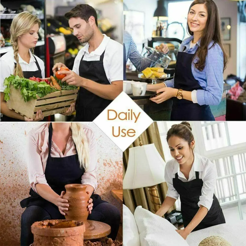 

1pcs Black Pink Gray Women Cooking Kitchen Restaurant 2 Bib Pockets Apron with Dress O9J0