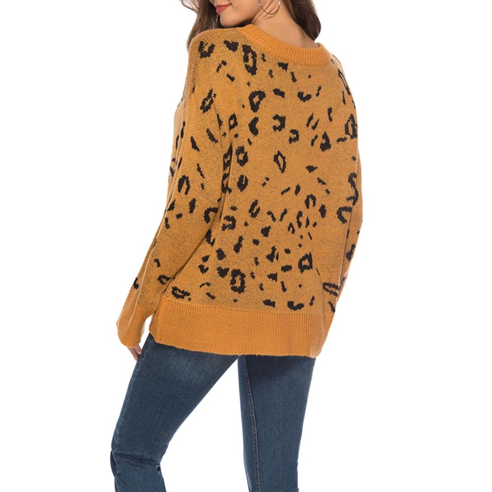 Женский леопардовый вязаный свитер пуловер с длинными рукавами и круглым