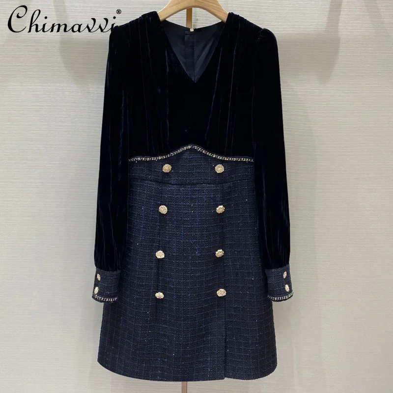 

Heavy Velvet Stitching Tweed Dress Women Fashion Luxury Elegant High-end Slimming Banquet Dresses Feminine 2021 Winter Clothes