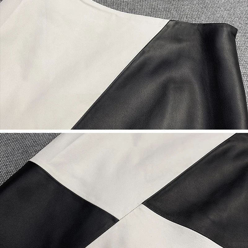 2021 Spring Genuine Leather Skirt Women Minimalist Contrast Two Color Versatile Midi Jupe Mujer Rhombic OL Wrap Faldas Oversize