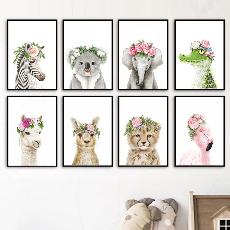 Настенная картина Зебра енот слон крокодил цветы Картина на холсте в