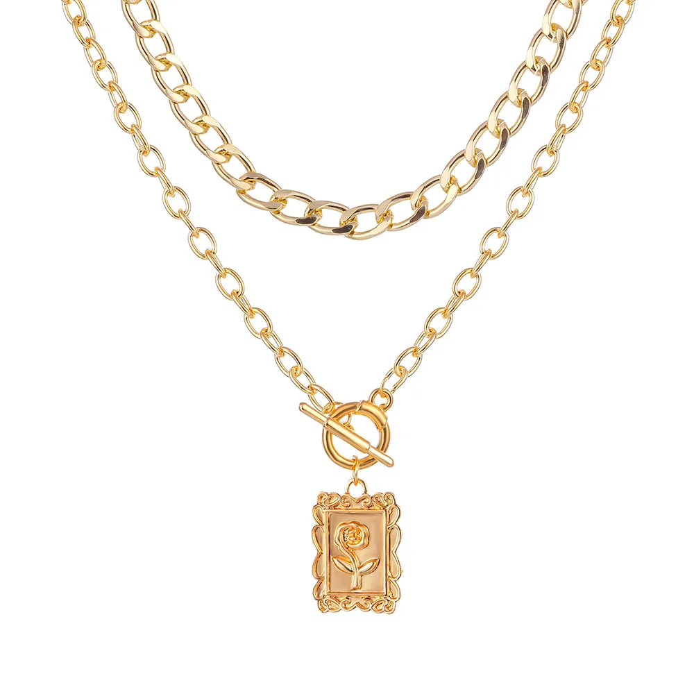 

IPARAM Fashion Multilayer Pendant Necklace Women's Retro Gold Chain OT Buckle Square Rose Metal Necklace Punk Jewelry Gift