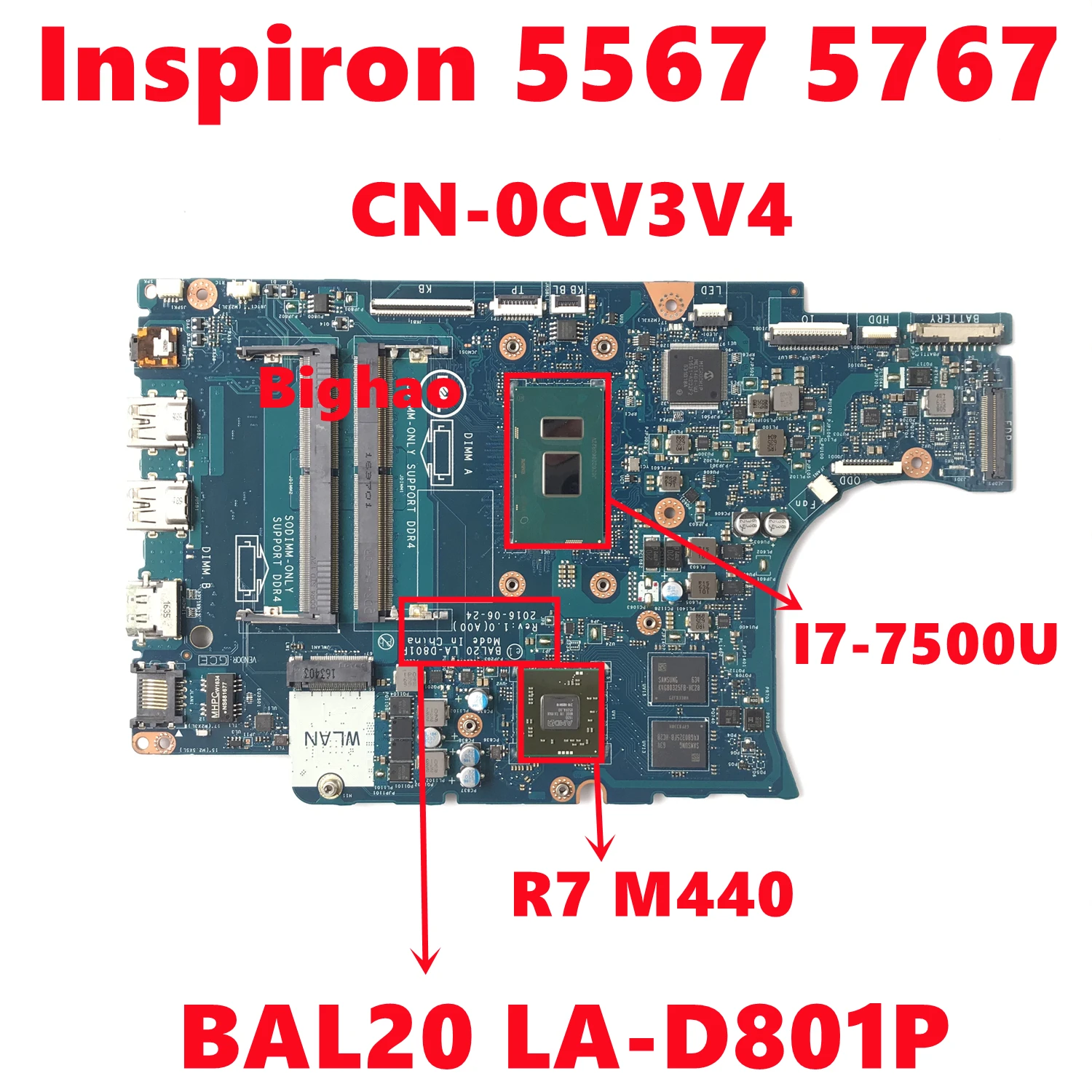 

CN-0CV3V4 0CV3V4 CV3V4 For dell Inspiron 5567 5767 Laptop Motherboard BAL20 LA-D801P With i7-7500U 216-0889018 100% Test Working