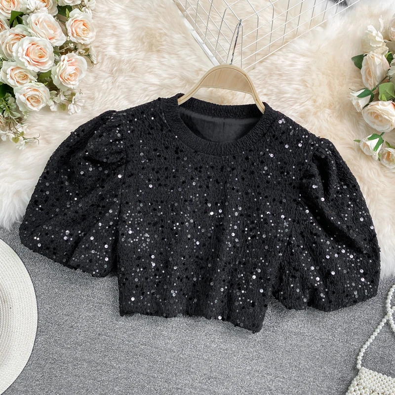 

ZAWAHIKI Elegant Fashion Women's T-shirts Summer O Neck Puff Sleeve Folds Sequins Texture Slim Bodycon Tops Short T-shirts