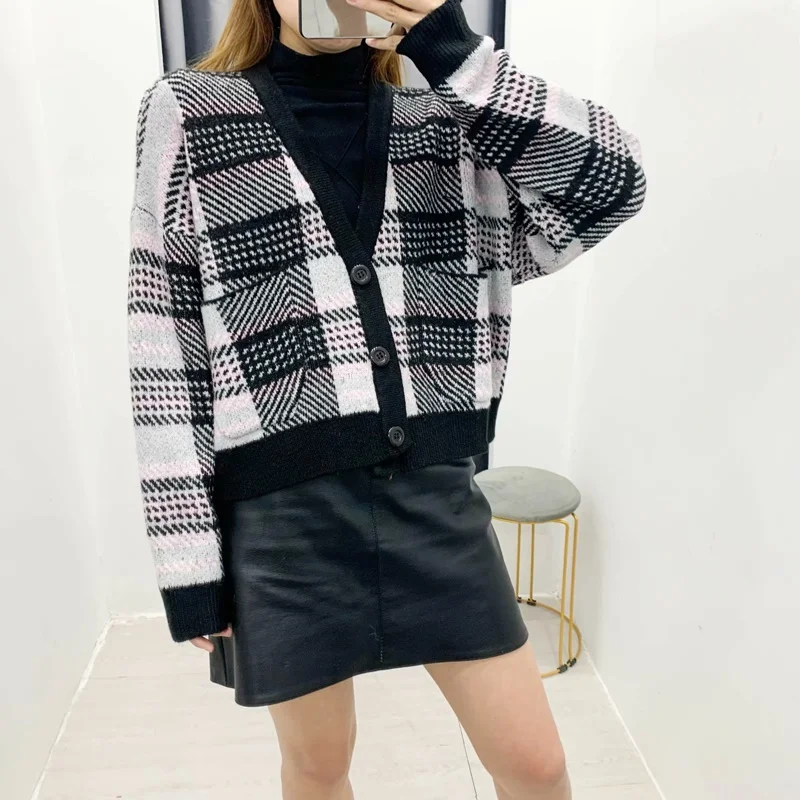 

Вязаный свитер, клетчатый кардиган, женский длинный вязаный жакет, плотный теплый клетчатый кардиган, вязаный свитер, пальто, Топ