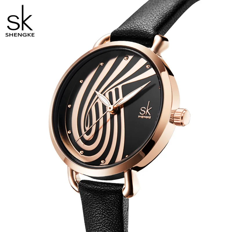 SHENGKE New Black Leather Strap Creative Buckle Women Watches Big Top Brand Simple Dial Quartz Luxury Ladies Watch Reloj Mujer enlarge