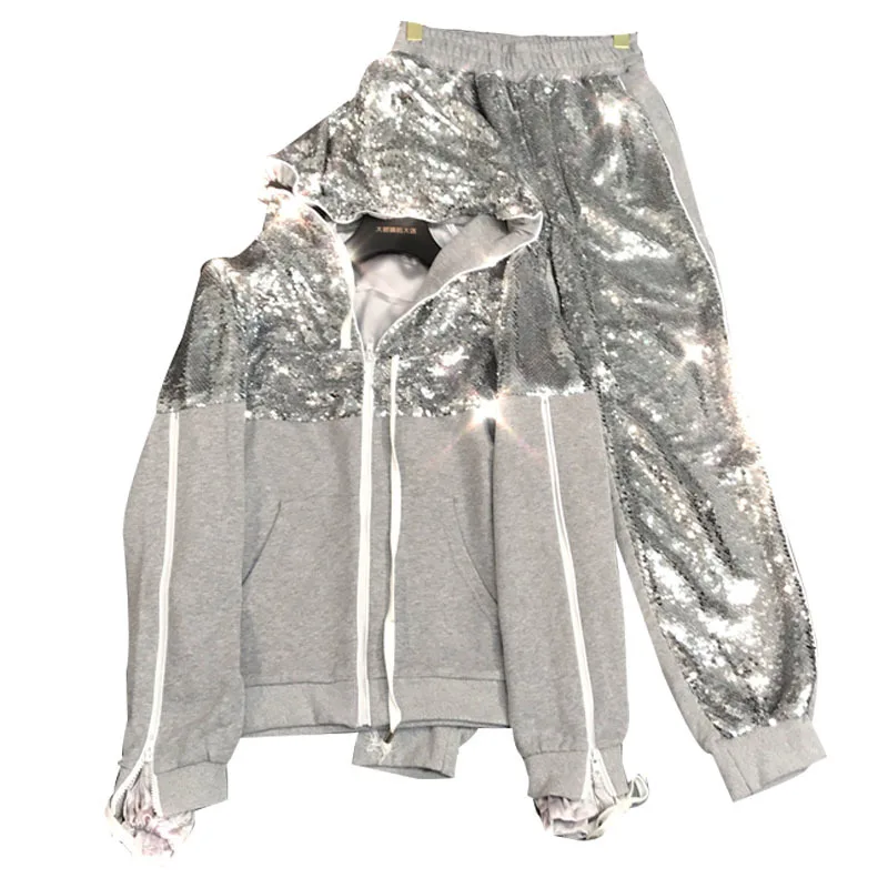 

Mooishe Spring Women Silver Jacket Pants Set Sequins 2020 Twinkle Full Paillette Zipper Loose Coat + Sweatpants 2 Piece Set