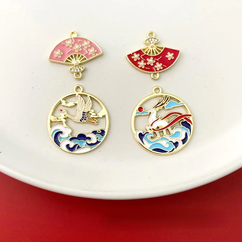 

Color-preserving alloy Fulu, crane and wind double hanging fan-shaped DIY earrings accessories material