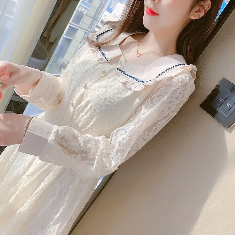 

#1036 Spring White Lace Dress Women Square Collar Buttons Vintage Midi Dress Female Long Sleeved See Through A Line Dress Ladies
