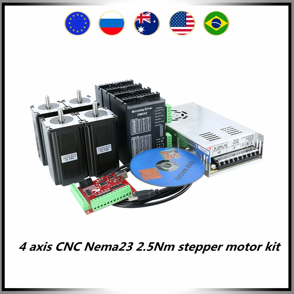 

4 axis CNC Nema23 57 stepper motor kit include 4 pcs 2.5Nm 3A motor +4 pcs drivers + 1 pcs 350w36v power supply + MACH3 card