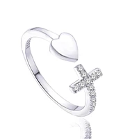 fashion simple cross heart ring silver plated zircon opening adjustable ring christian jewelry accessories womens ring