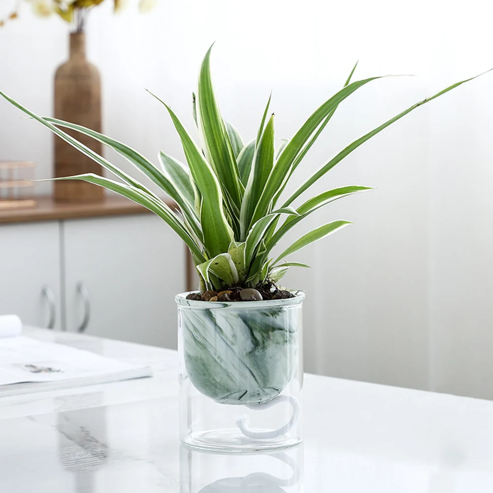 

Breathable Double-deck Flower Pot Transparent Glass Marble Texture Ceramics Flower Pot Cotton Rope Automatic Water-Absorbing F2