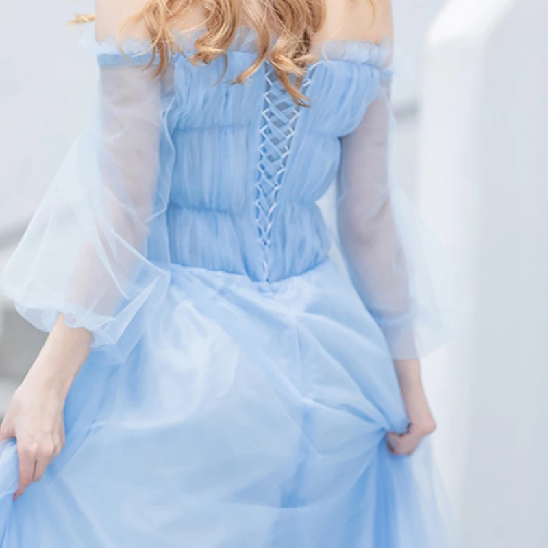 

Blue Luxury Evening Dress Illusion Off The Shoulder Lace Tulle Appliques Embroidery Beading Crystal Women Formal Dresses TS277