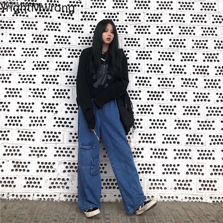 Джинсы женские прямые с боковыми карманами свободные брюки из денима в Корейском