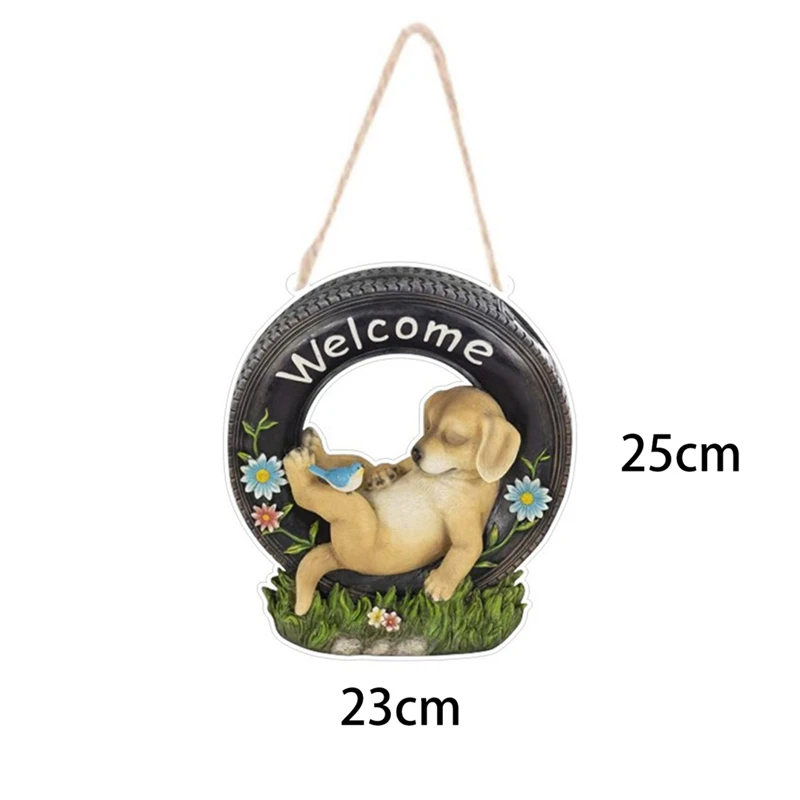 

Garden Welcome Puppy Hanging Ornaments Indooor Outdoor Cute Dog Tire Wreath Sculpture Decoration for Home Garden Lawn Patio